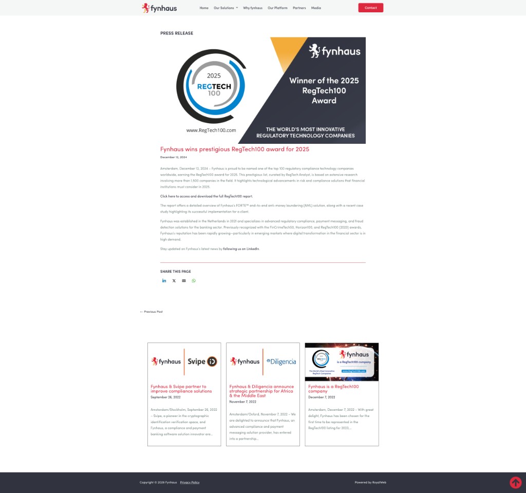 RegTech100 Award 2025