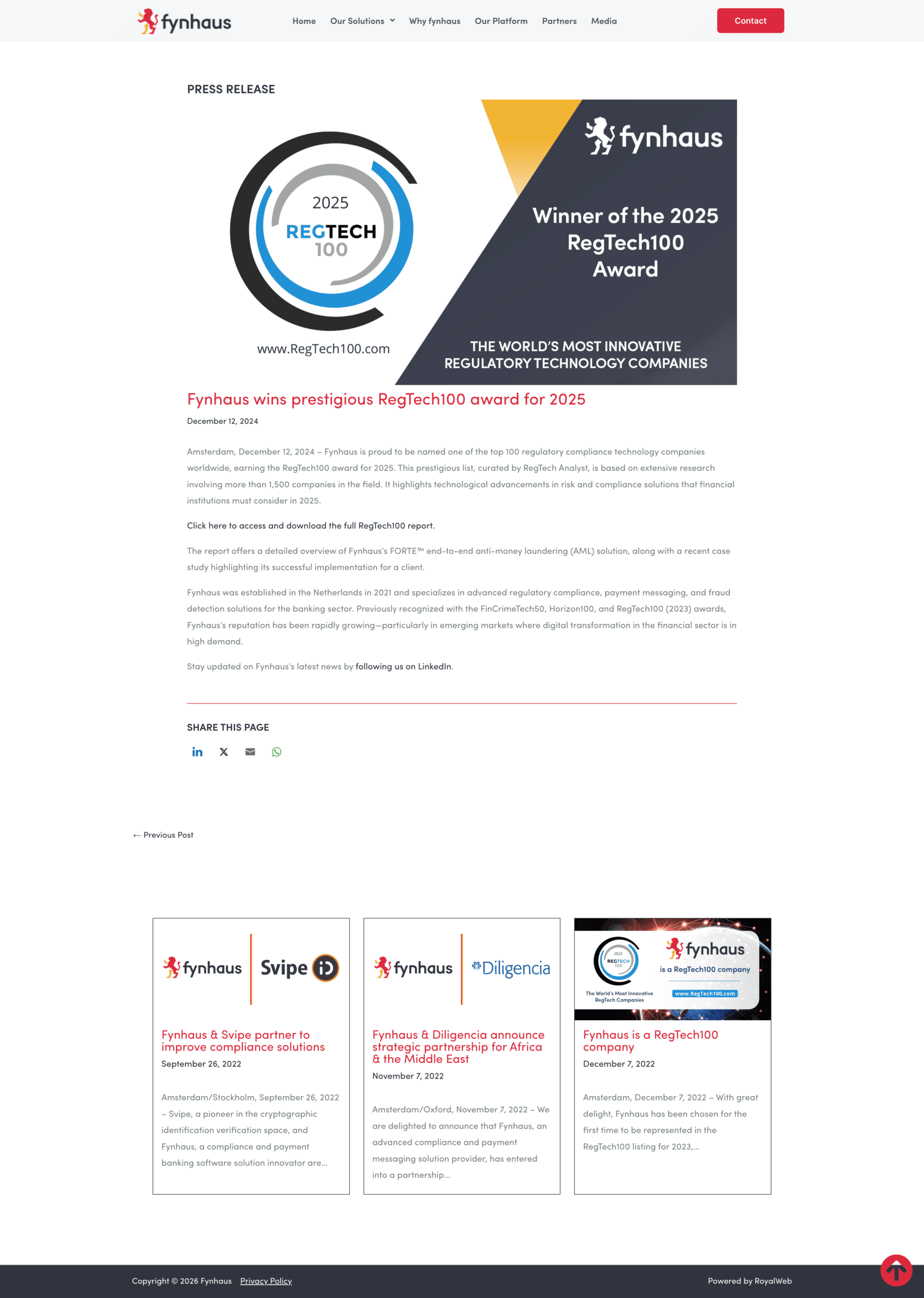 RegTech100 Award 2025